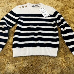 Zara Striped Navy and White Sweater with Button Detail